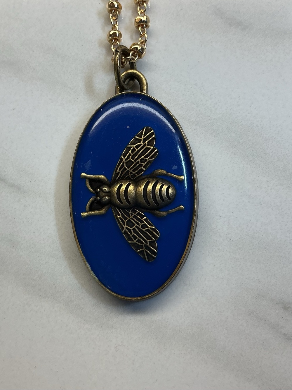 Blue Enamel Bee Pendant Necklace
